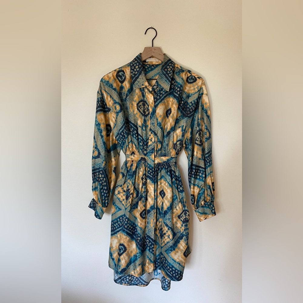 Blue and Yellow Silk Patterned Long Sleeve Dress